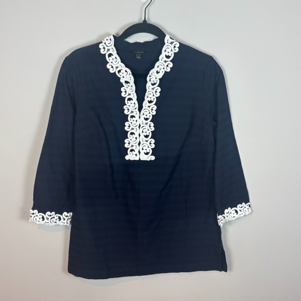 Talbots Womens Navy Embroidered Split Neck 3/4 Sleeve 100% Cotton Blouse size SM